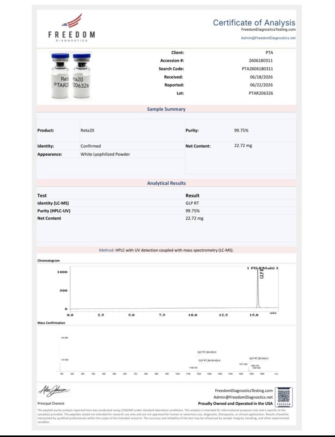 Certificate of Analysis — Retatrutide batch PTAR206326