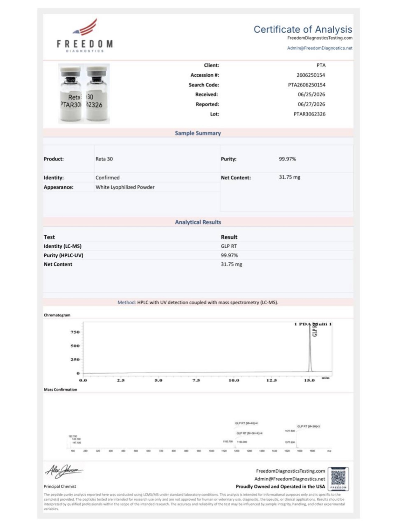 Certificate of Analysis — Retatrutide batch PTAR3062326