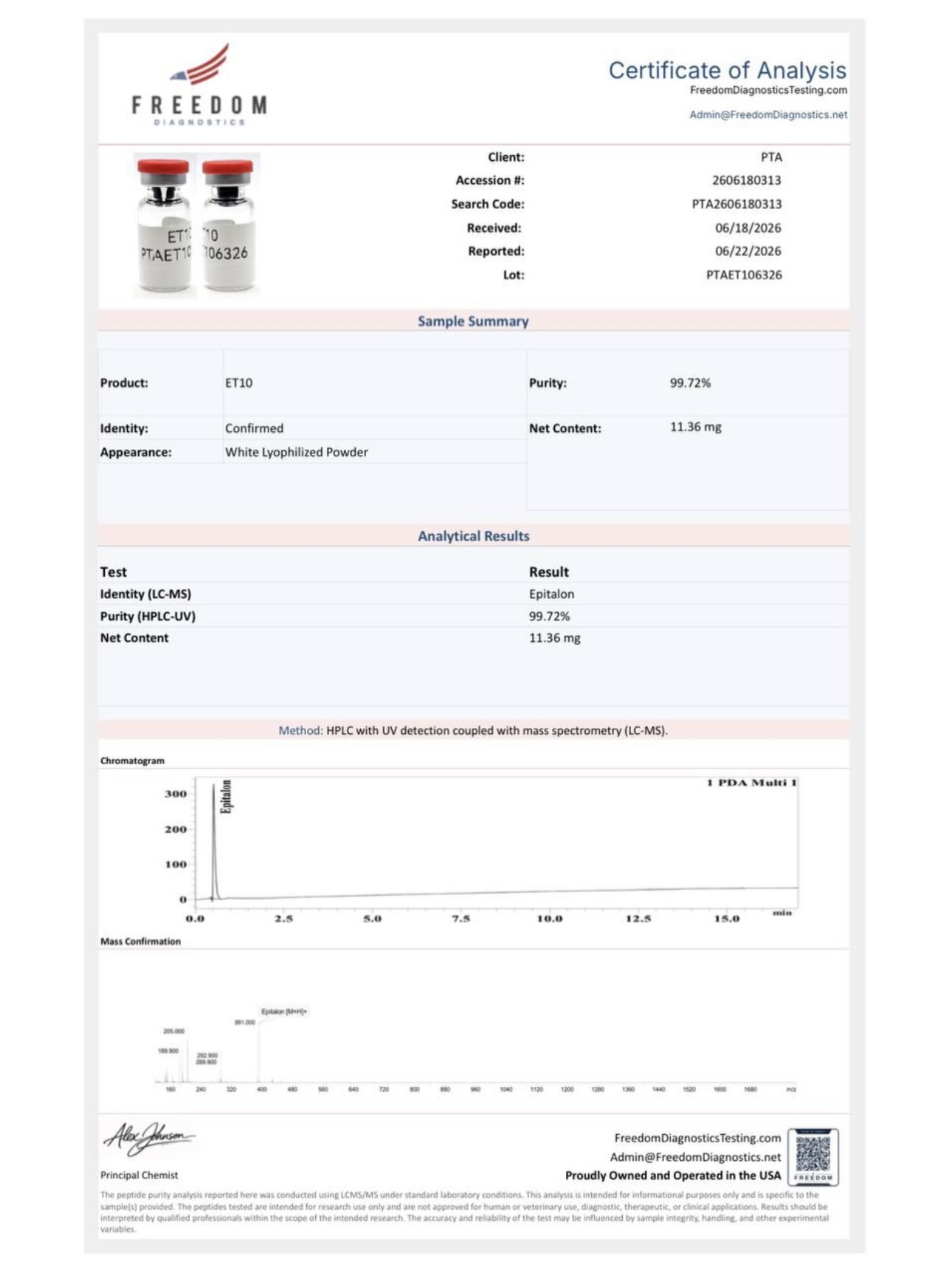 Certificate of Analysis — Epitalon batch PTAET106326