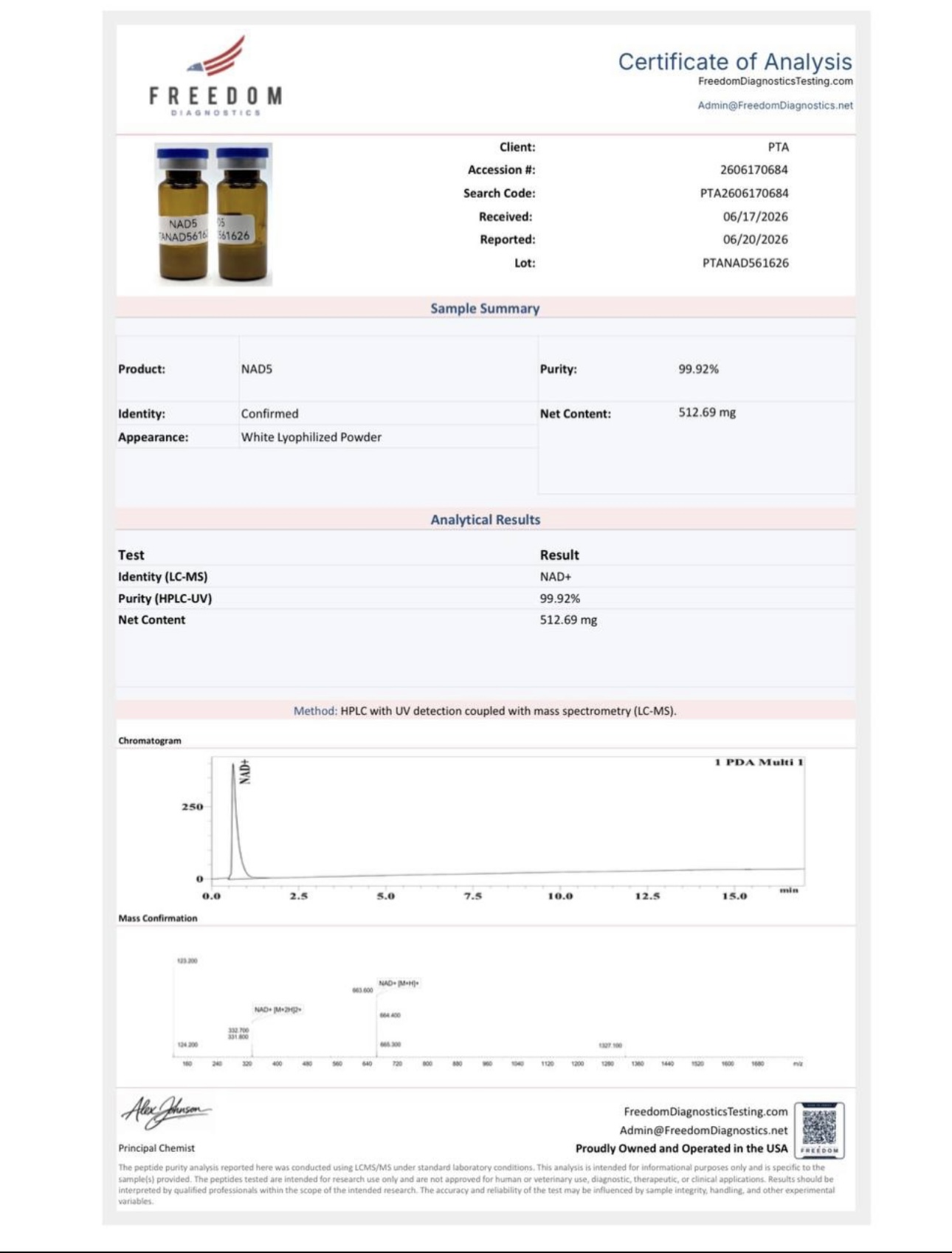 Certificate of Analysis — NAD+ batch PTANAD561626