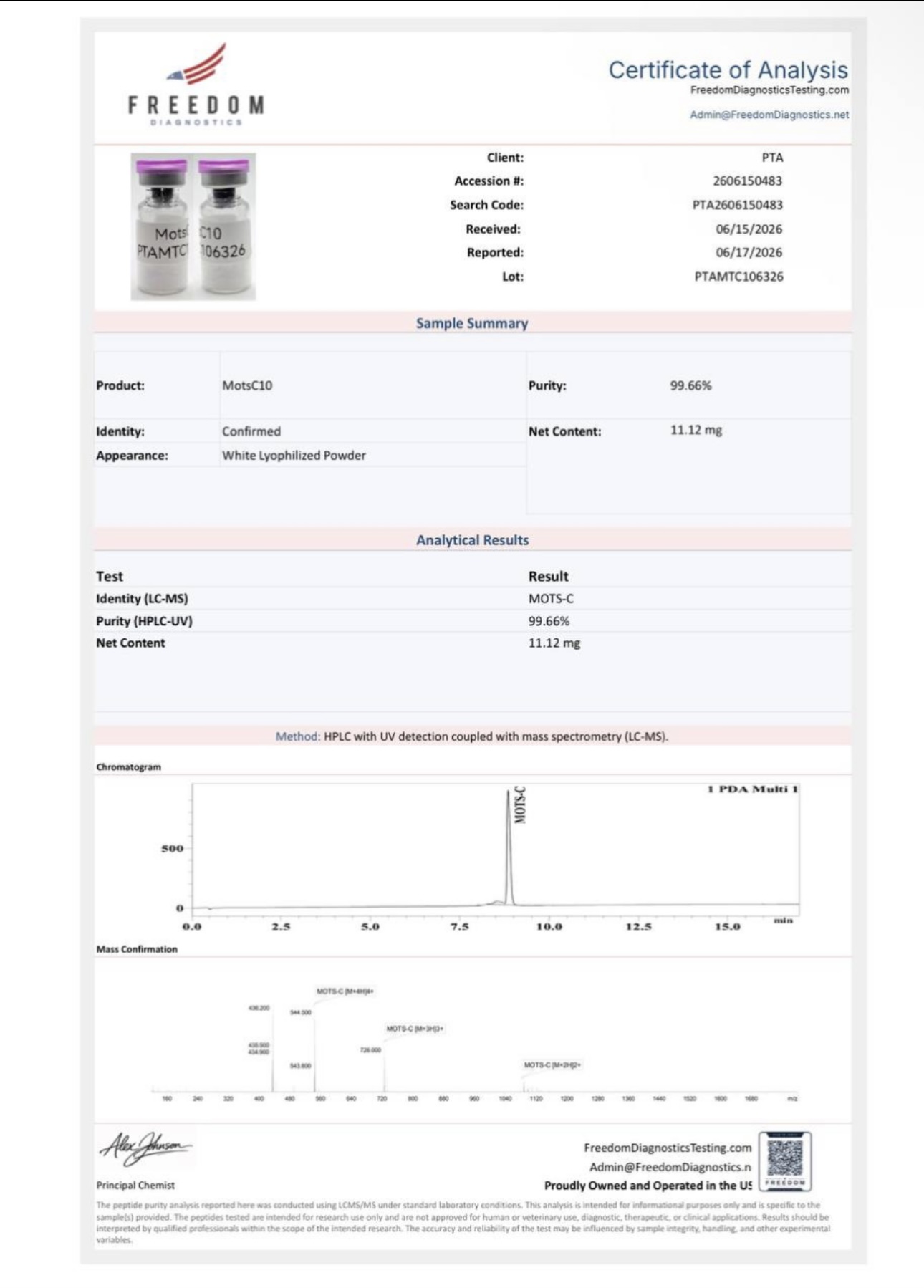 Certificate of Analysis — MOTS-C batch PTAMTC106326